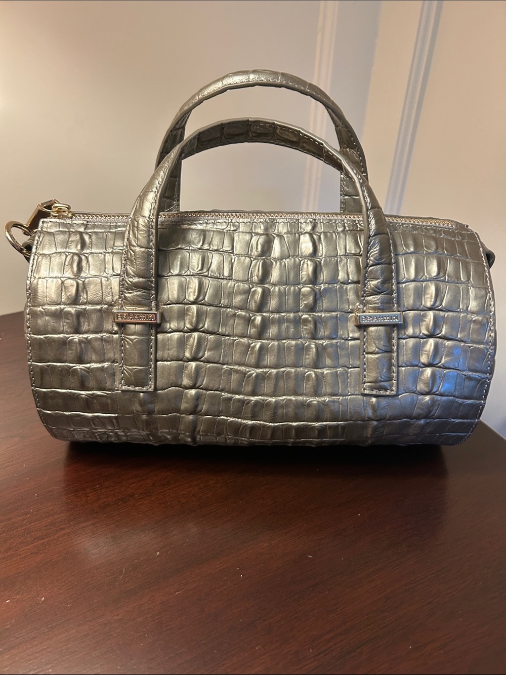 Brahmin Metallic PewterCroc-Embossed Barrel Satchel